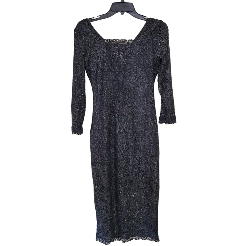 Vtg 90s Y2k Black Sparkle Lace Bodycon Dress Sz S Fairy Goth Morticia Sexy Lined